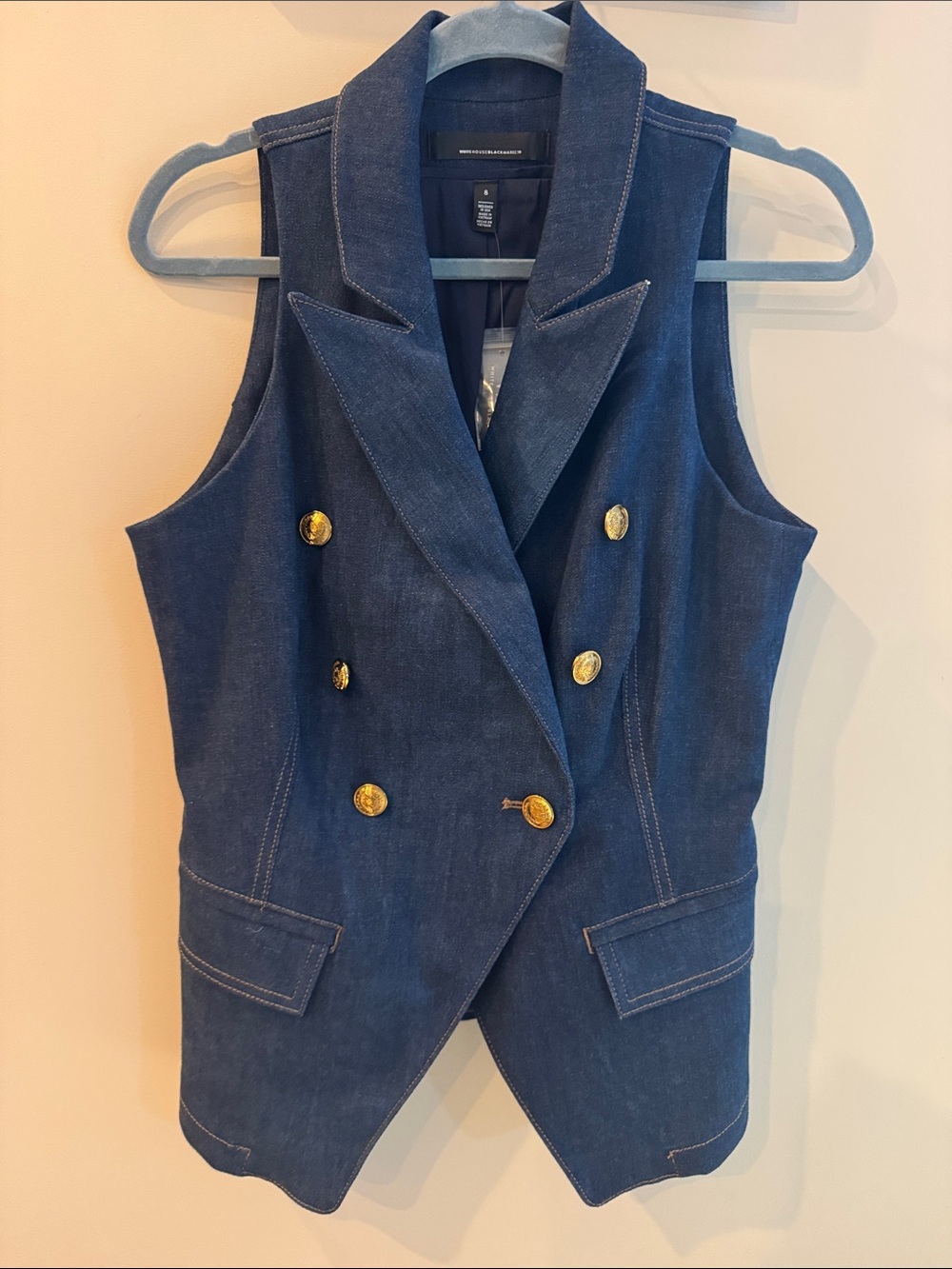 NWT Double-Breasted Dark Denim Vest with Gold Buttons